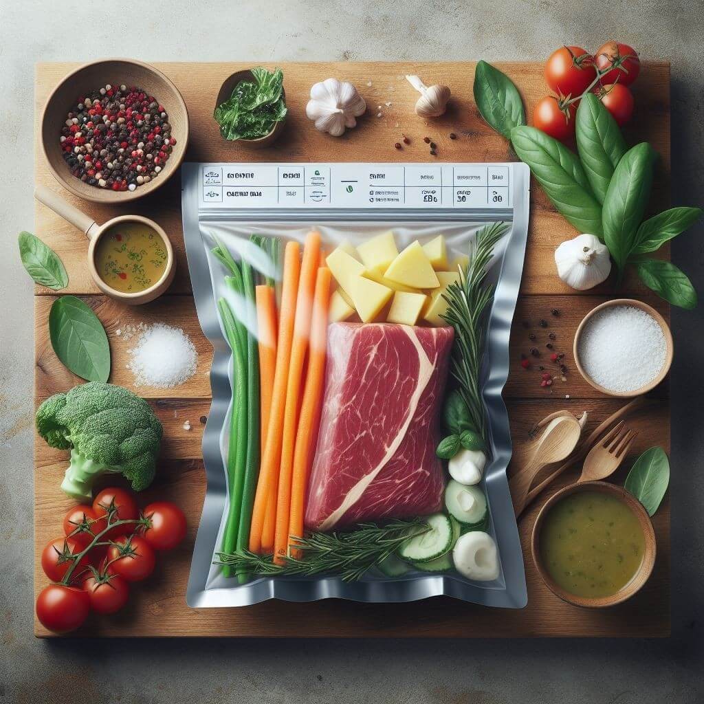 Sac sous vide avec de la viande et des légumes